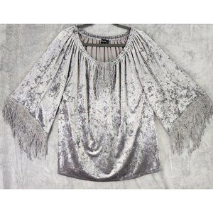 Melissa Paige Shirt Womens Large Gray Velvet Retro Fringe Lace Tunic Blouse